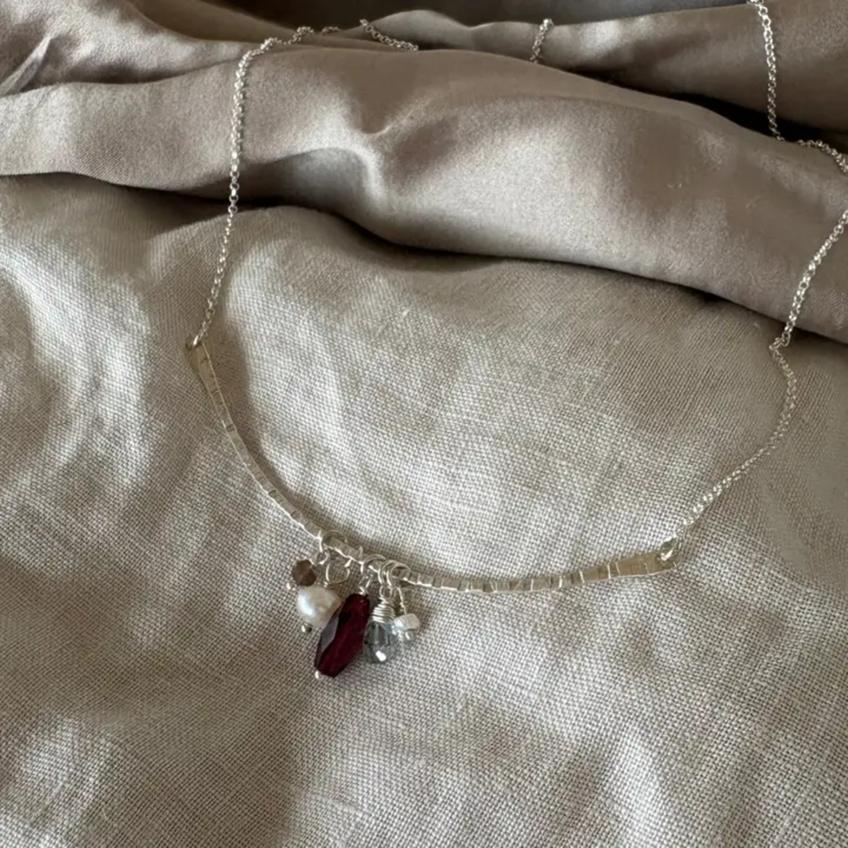 Silver Bar Necklace w Garnet, Aquamarine & Pearl