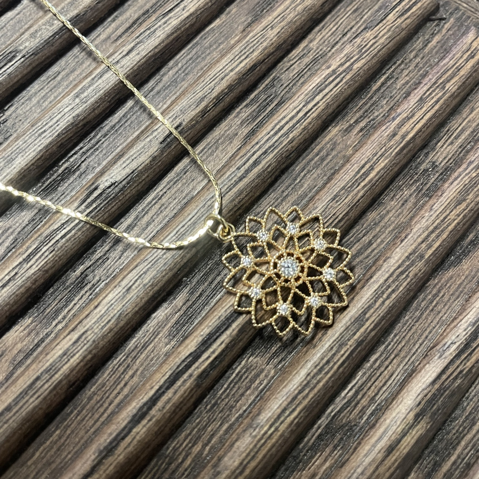 Gold Mandala Necklace w Cubic Zirconia