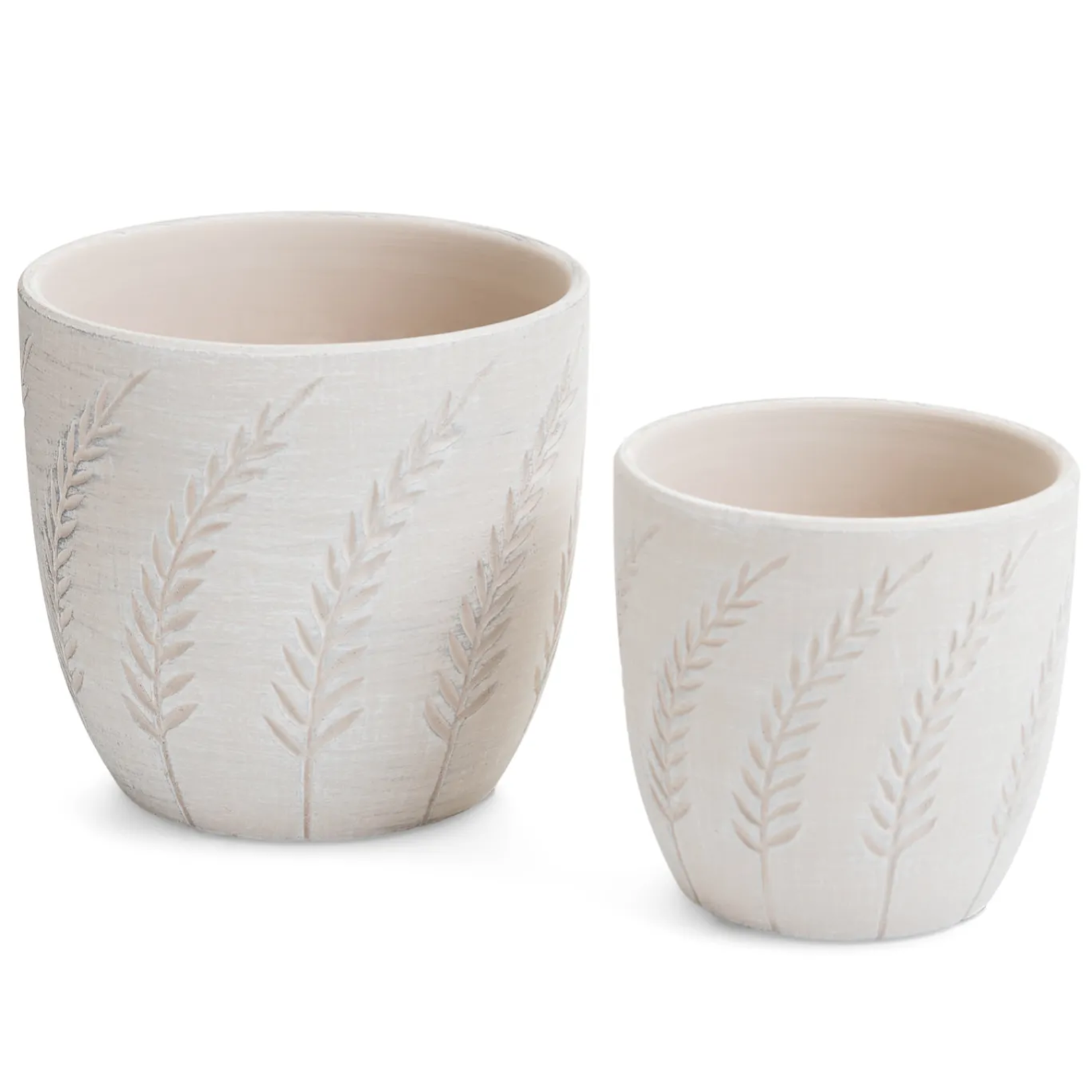 White Terracotta Planter w Engraved Wheat Branch