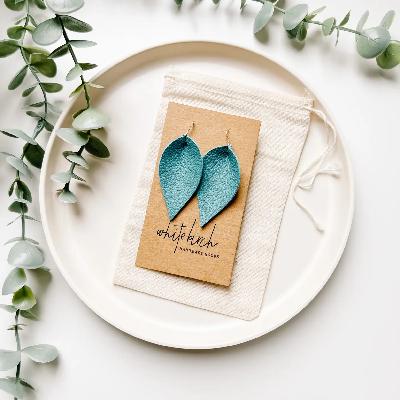 Silver Peacock Blue Leather Leaf Earrings