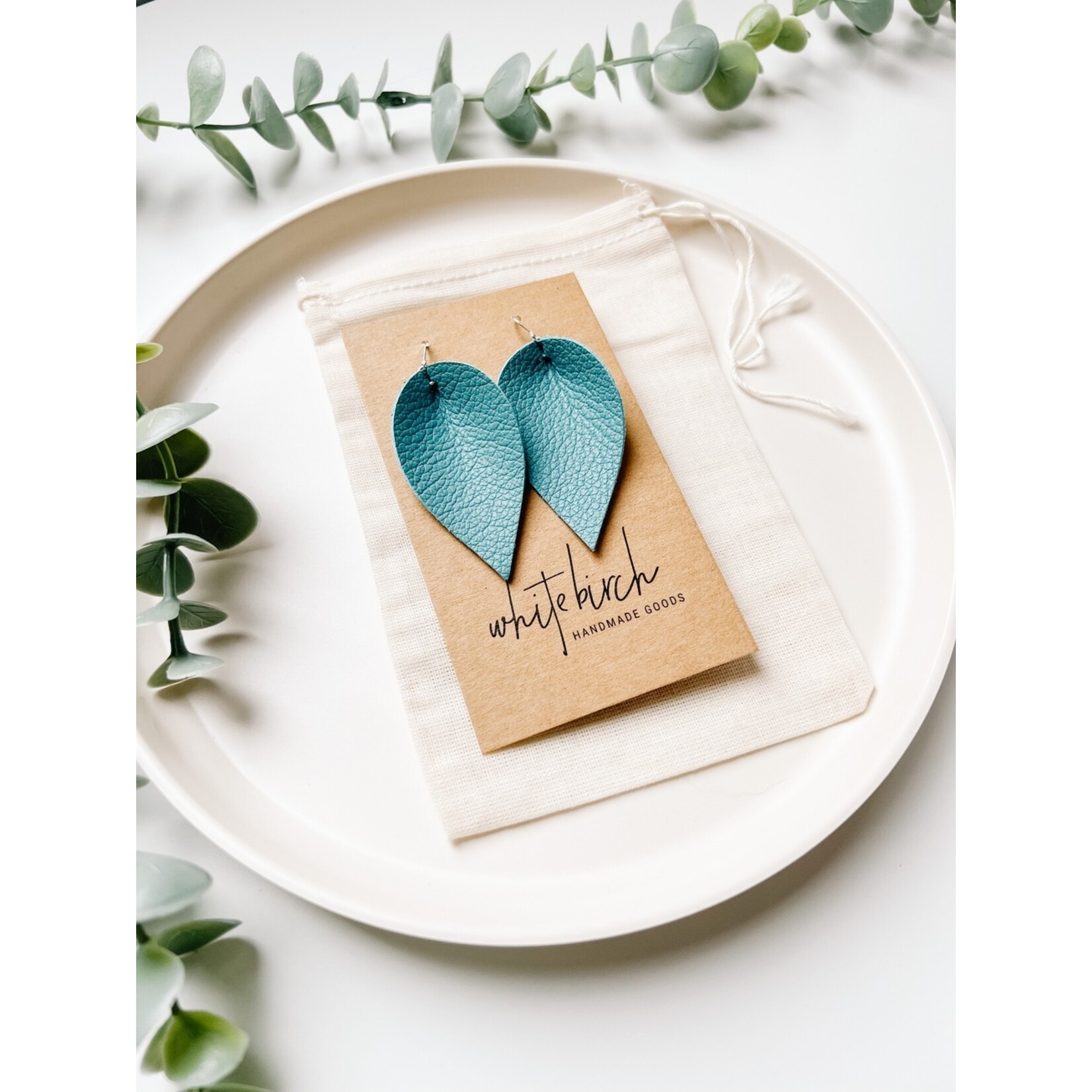 Silver Peacock Blue Leather Leaf Earrings