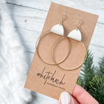 Gold Earrings w White Leather & Brass Circle Accent