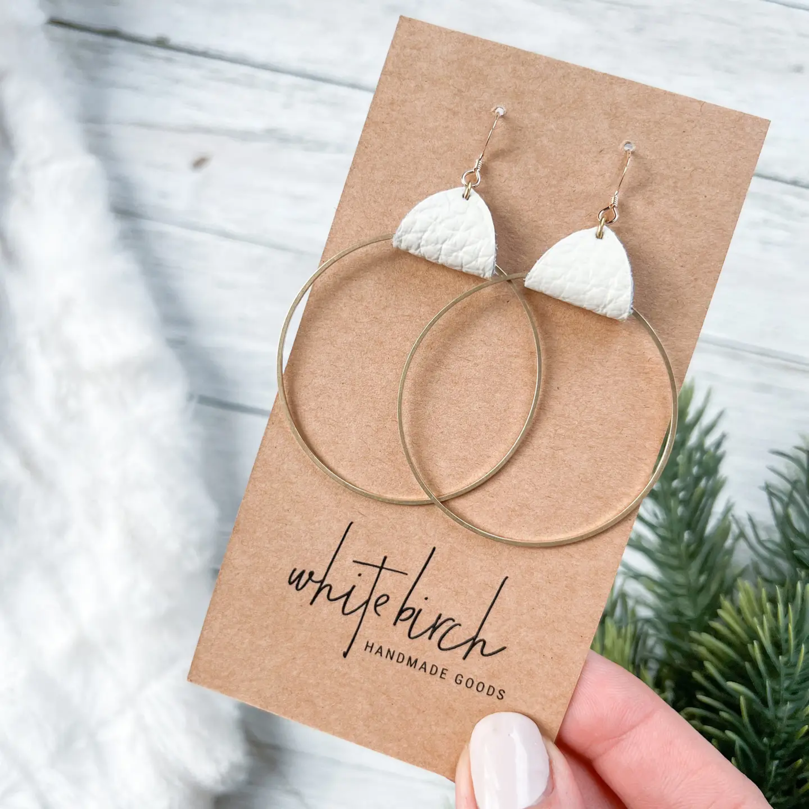 Gold Earrings w White Leather & Brass Circle Accent