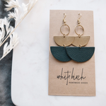 Gold Half Moon Stacked Earrings w Dark Green Leather