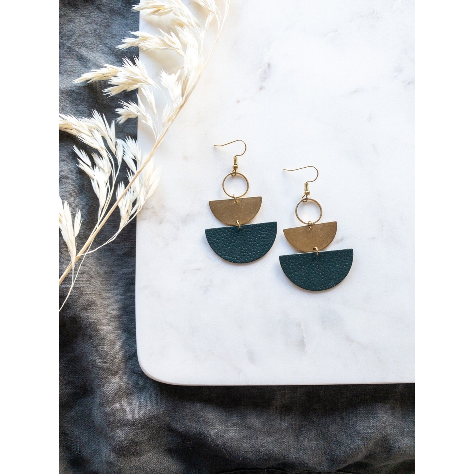 Gold Half Moon Stacked Earrings w Dark Green Leather