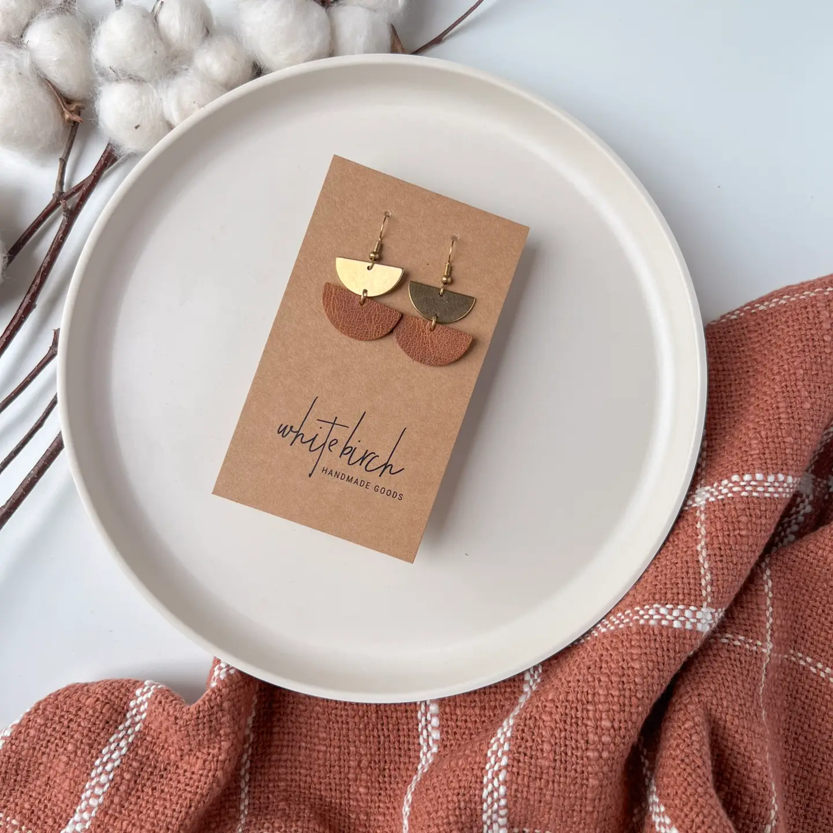 Gold Mini Half Moon Stacked Earrings w Russet Brown Leather