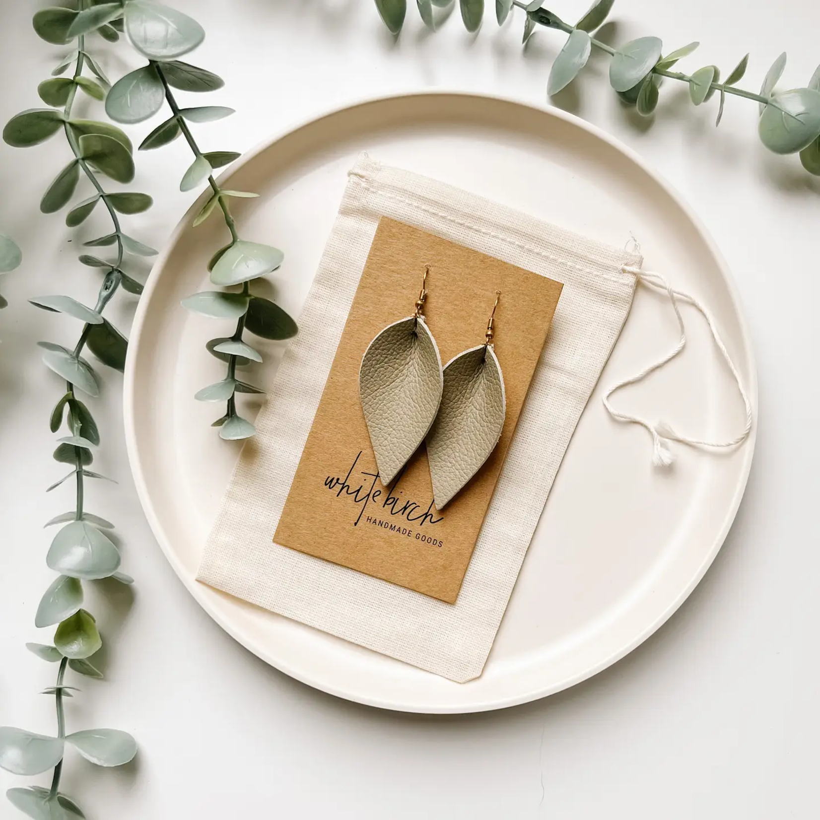 Silver Tan Beige Leather Leaf Earrings