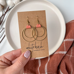 Gold w Brass Circles & Coral Leather Earrings