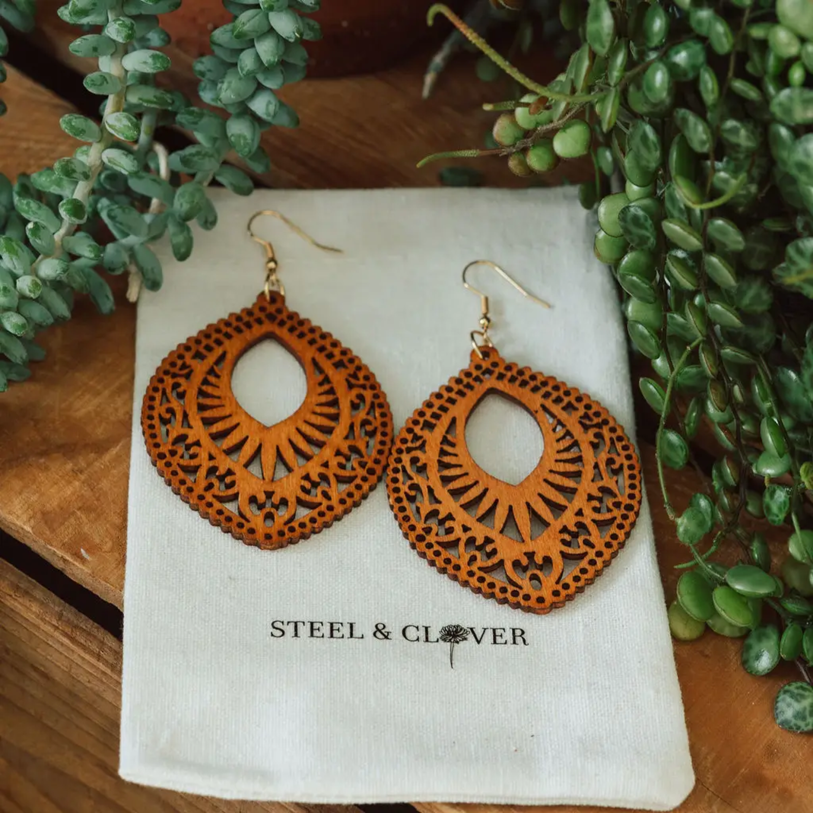 Large Wooden Lace Filigree Earrings