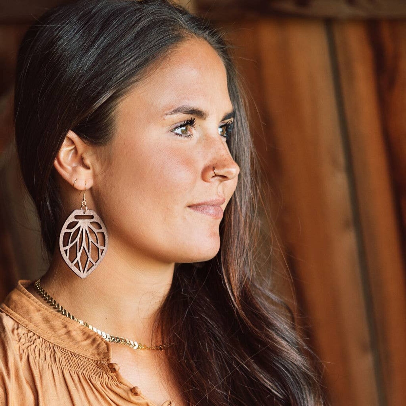 Wooden Leaf Teardrop Earrings