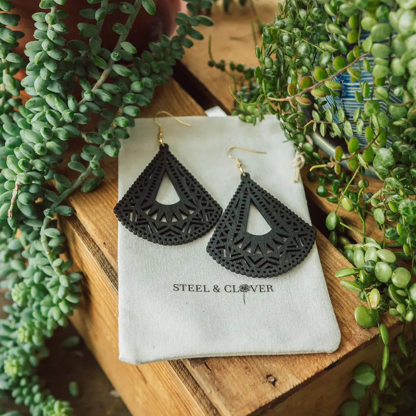 Black Wood Fan Cut Earrings