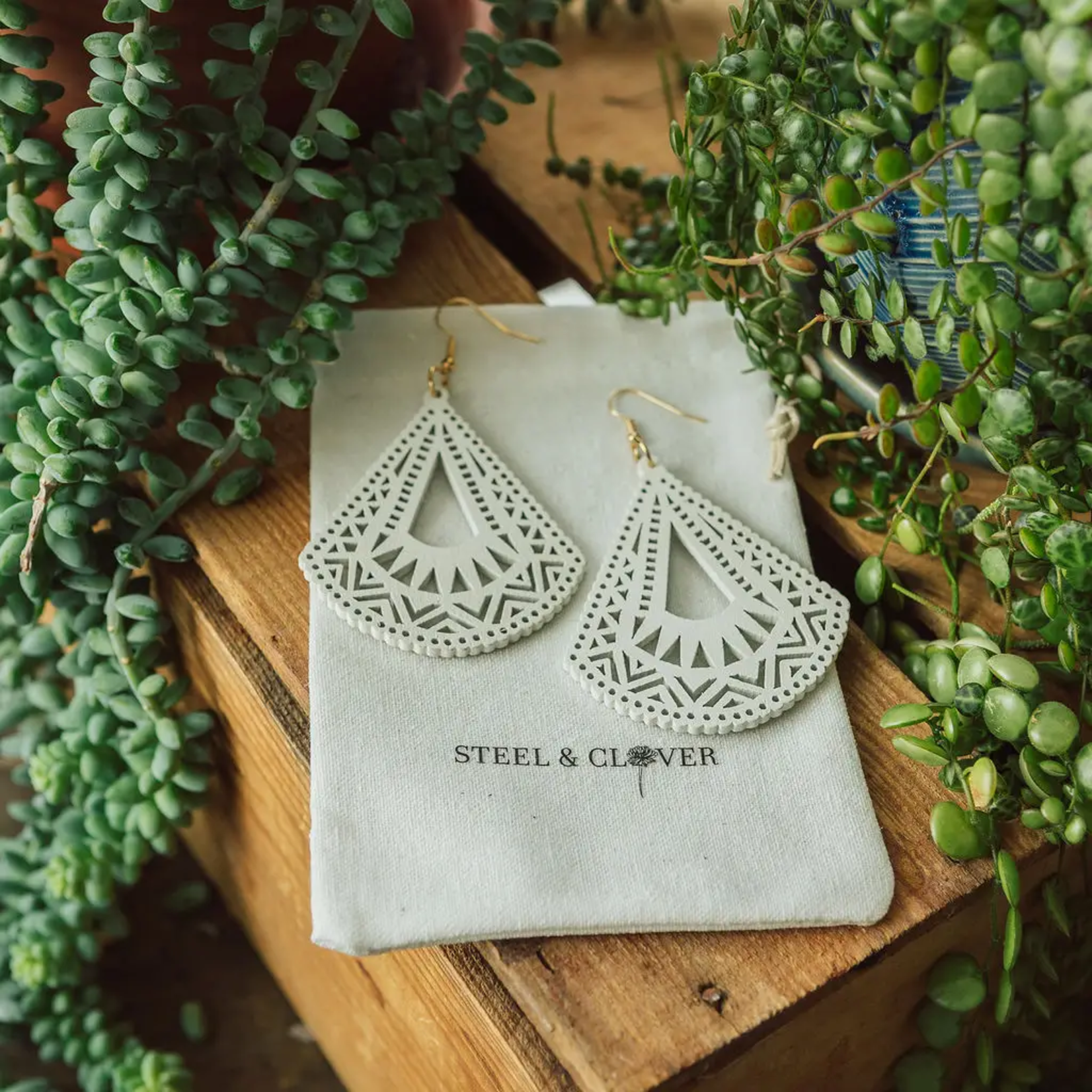 White Wood Fan Cut Earrings