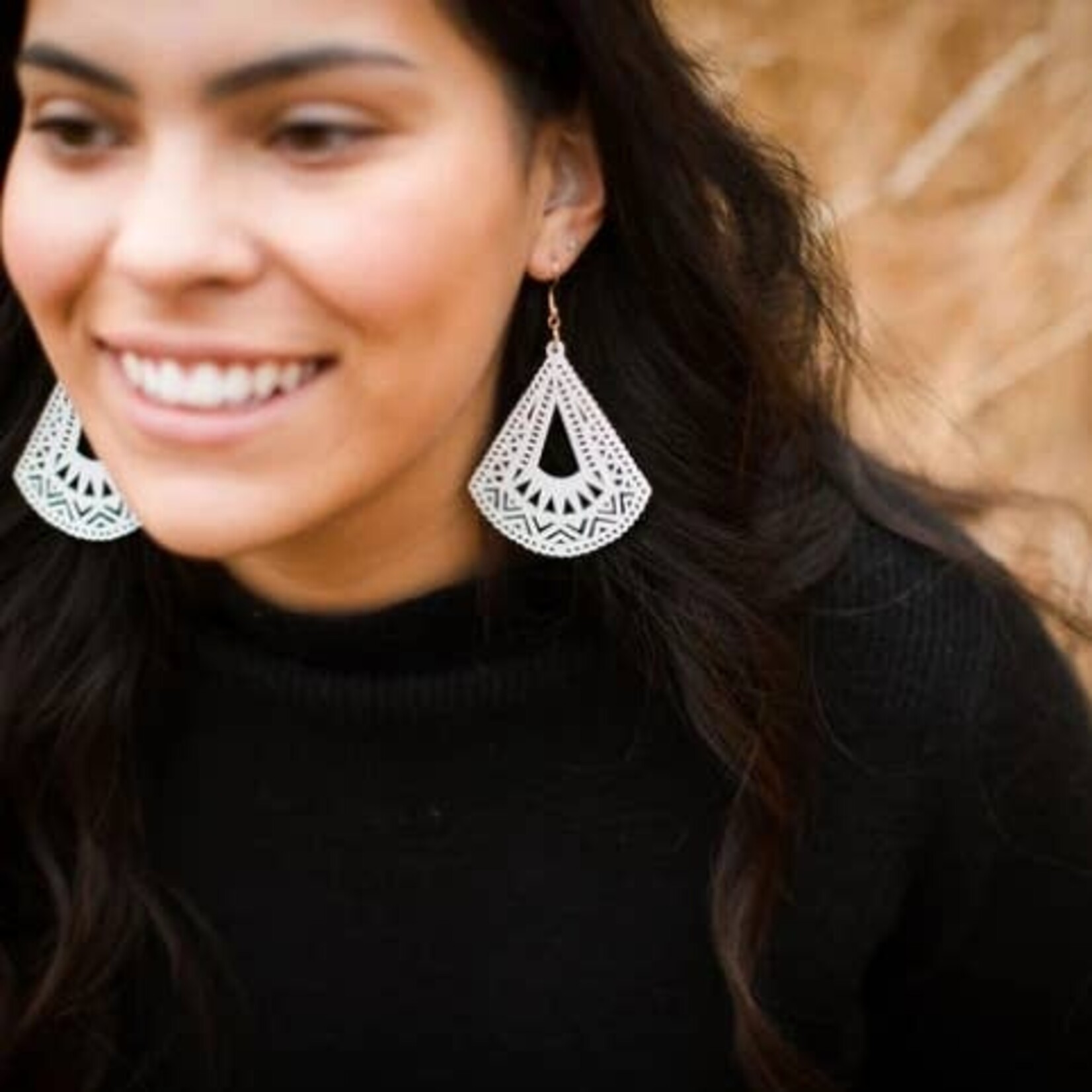White Wood Fan Cut Earrings