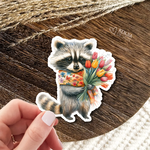 Raccoon with Tulip Bouquet Sticker
