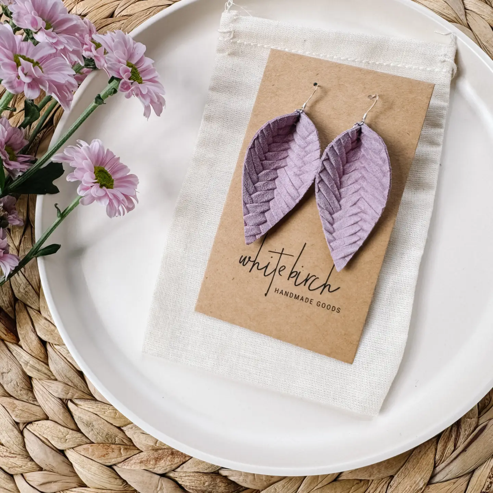 Silver Braided Lilac Leaf Earrings