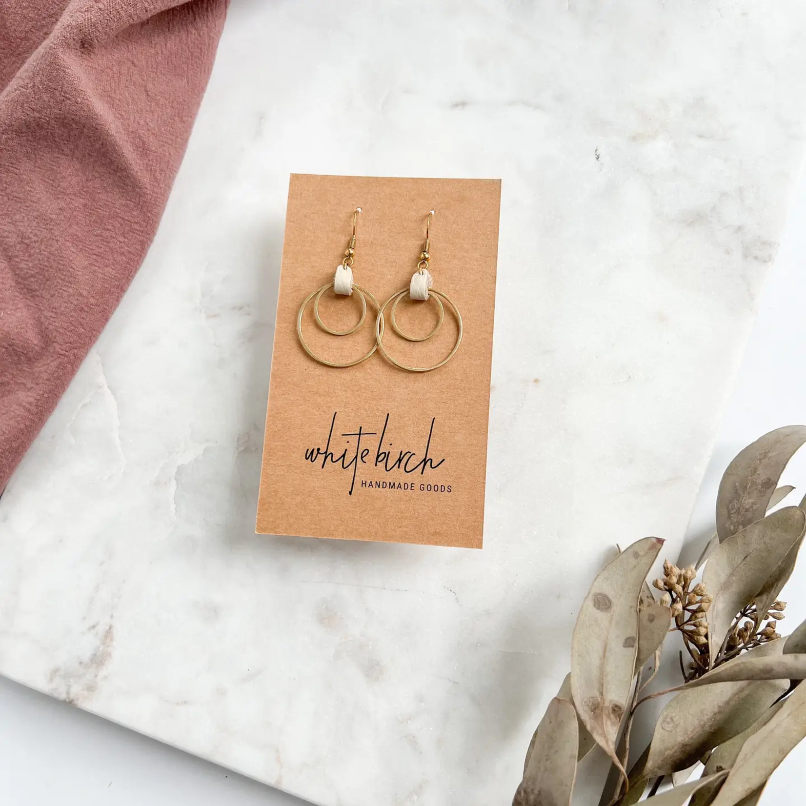 Gold Earrings w Distressed Beige Leather & Circles