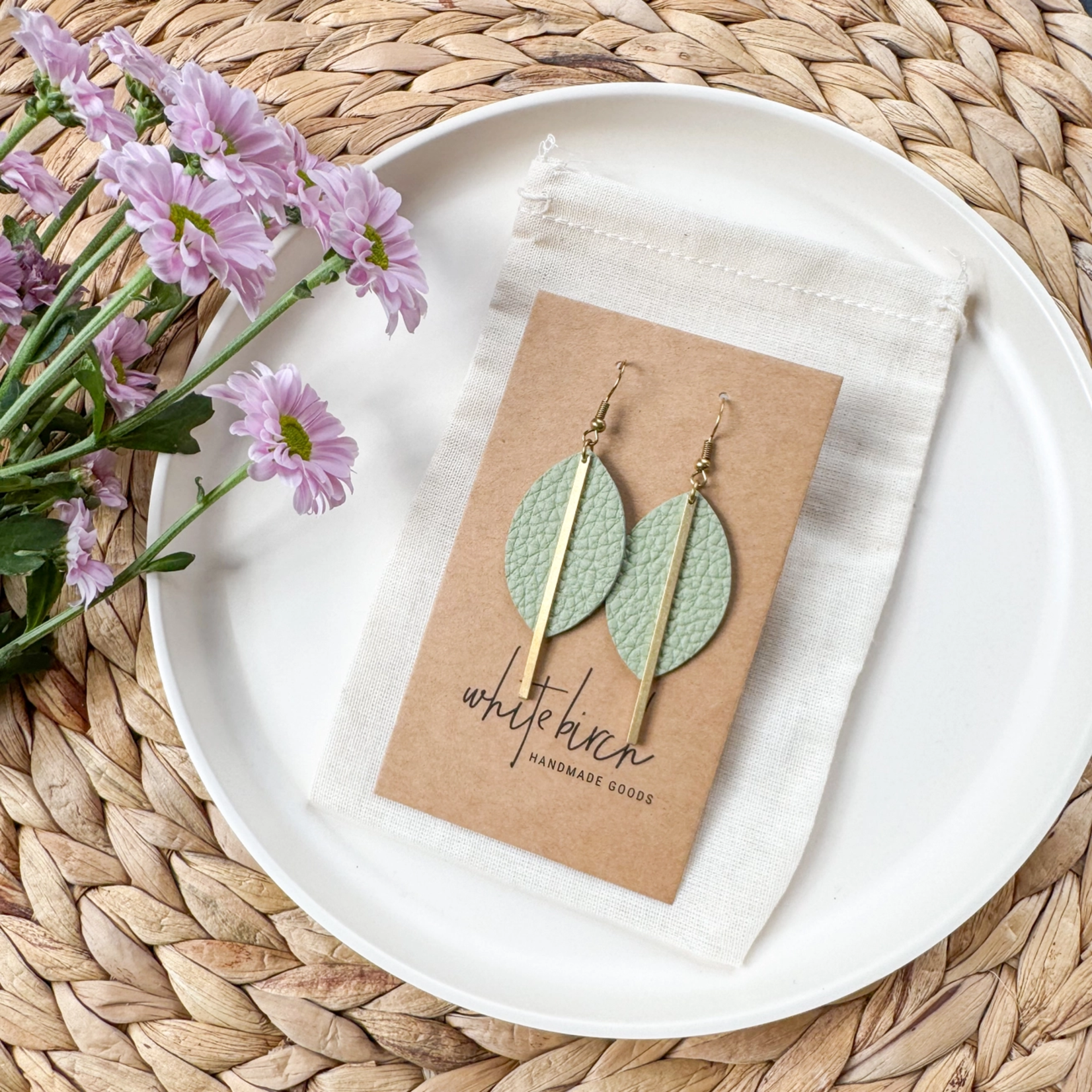 Gold Earrings w Cottage Mint Petal Leather & Brass Bar