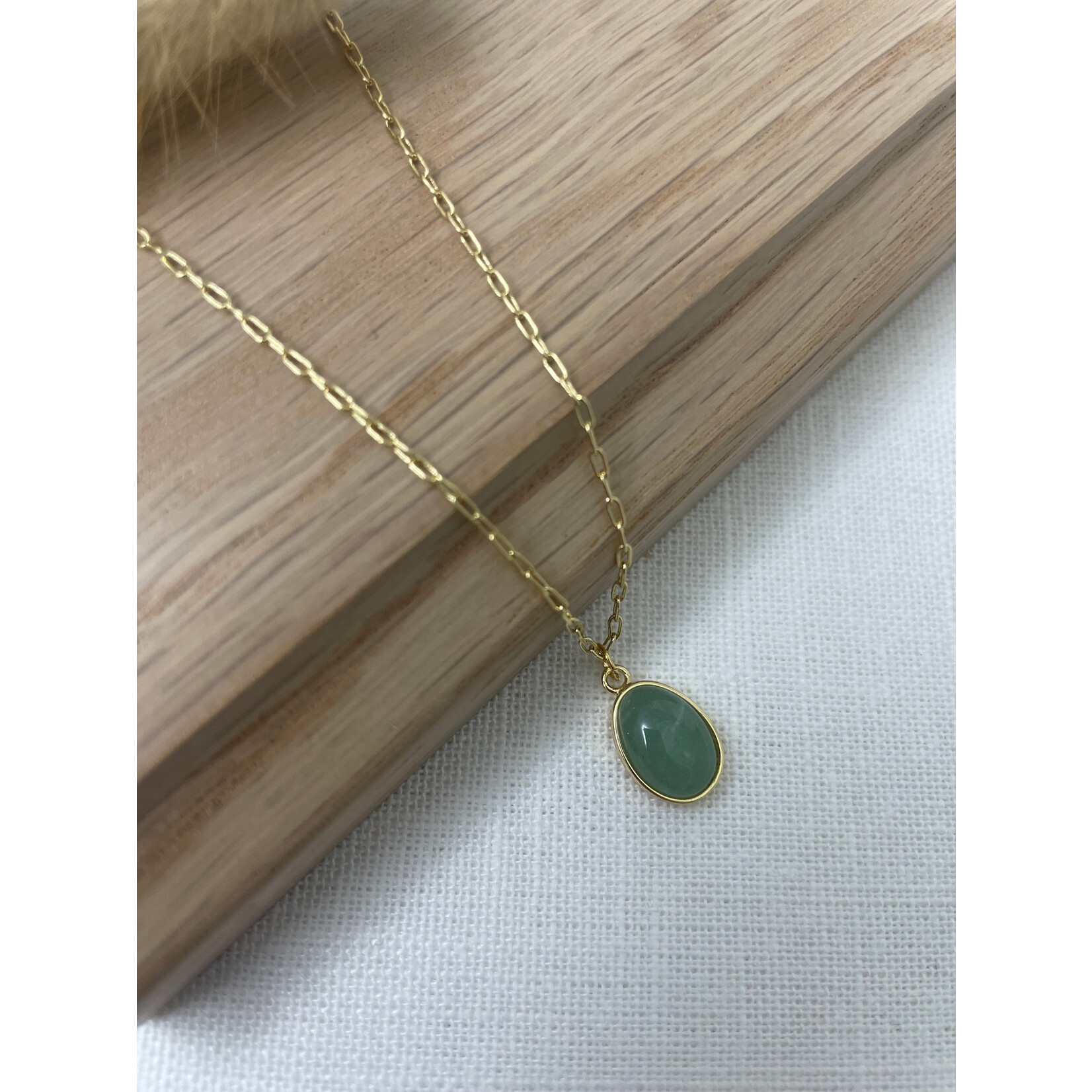 Gold Oval Jade Pendant w Paperclip Chain