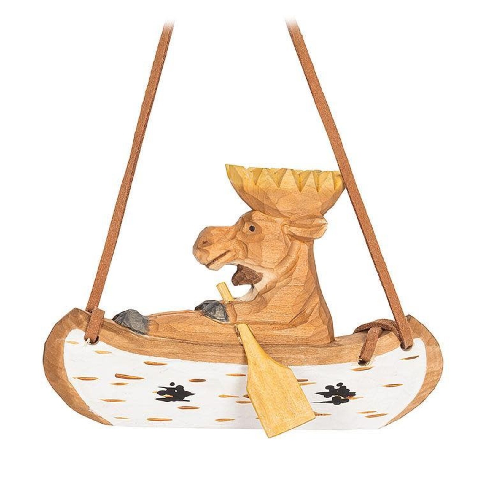 Carved Moose in Canoe Ornament