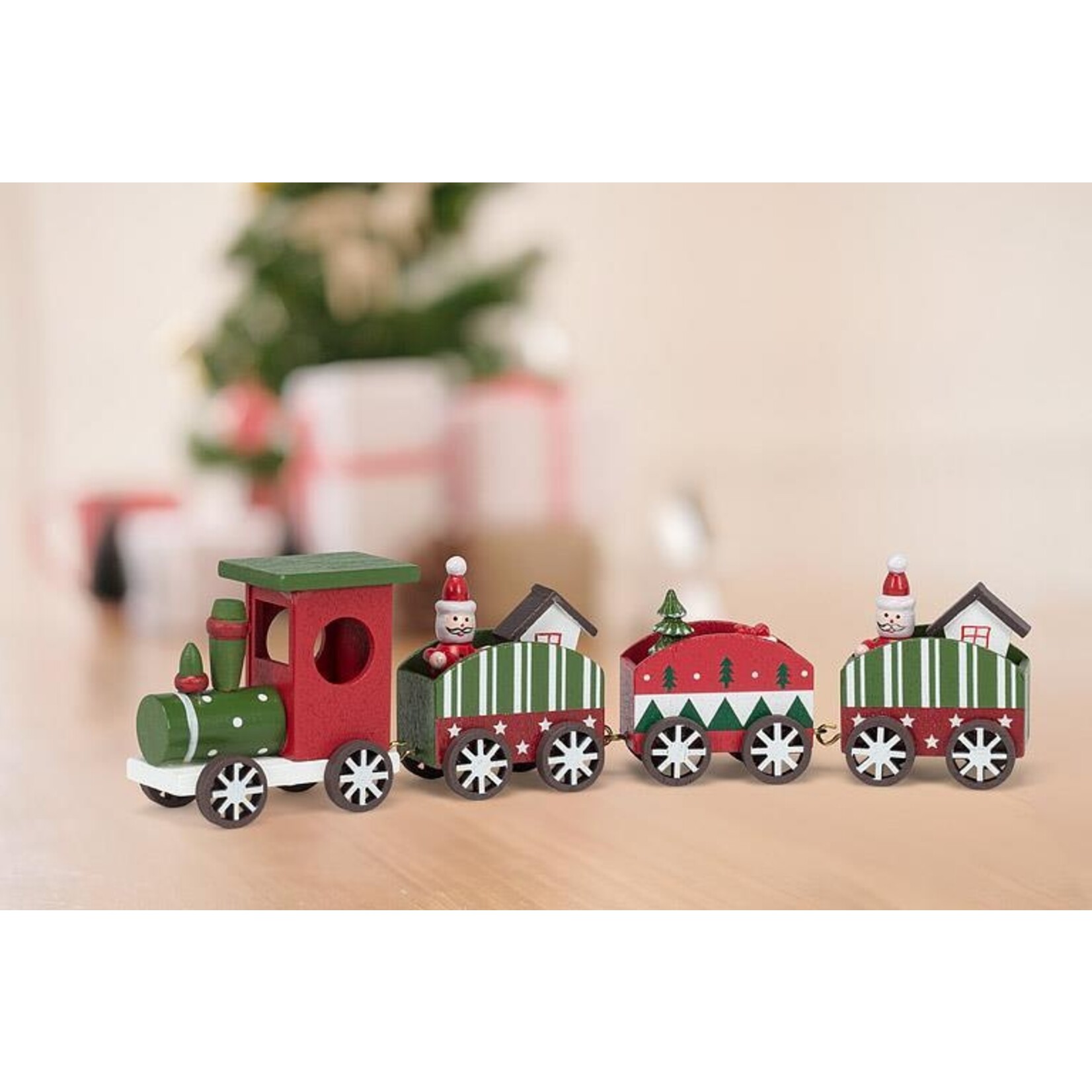 Red & Green Wooden Train w Santa - 12"