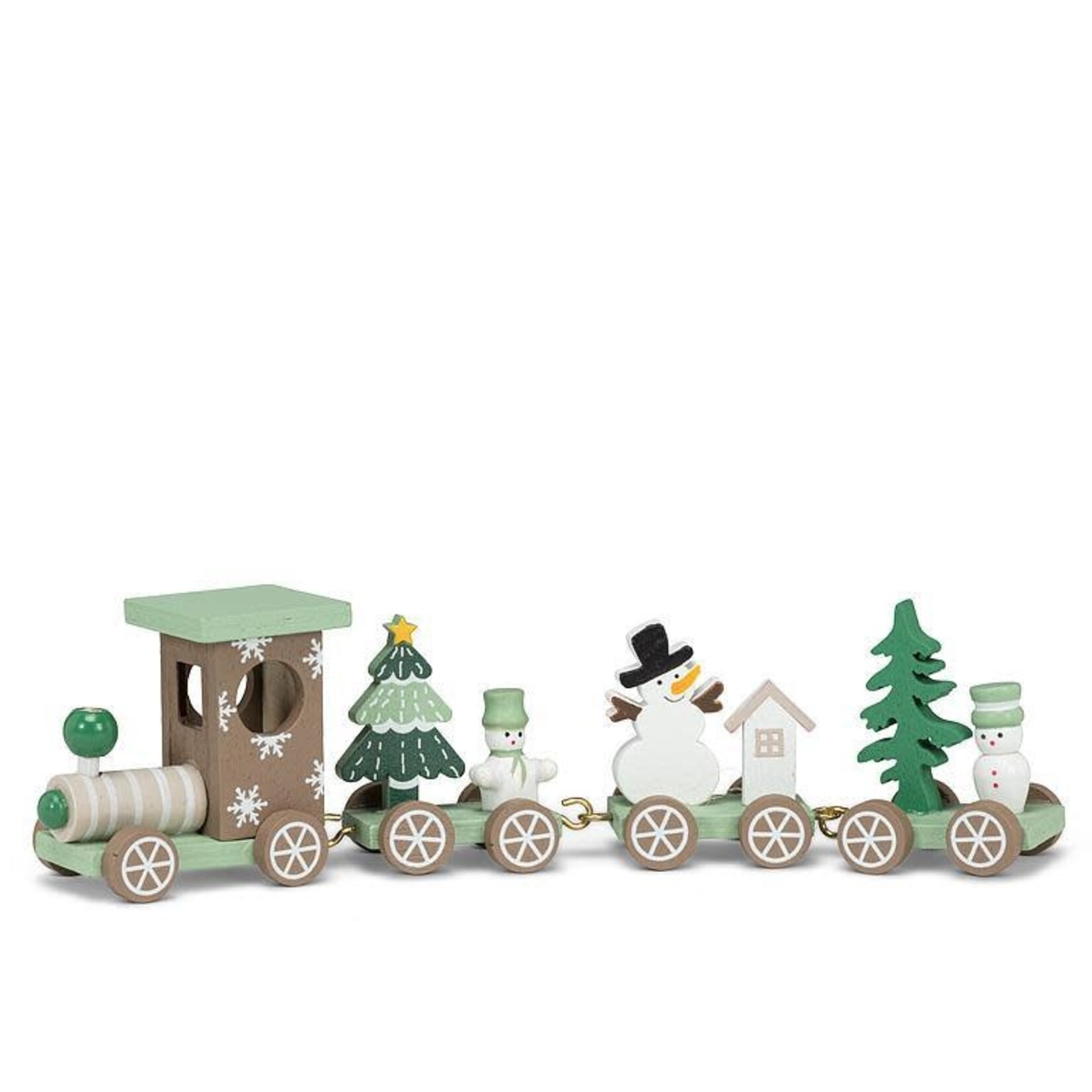 Taupe & Mint Wooden Train w Snowman - 8"