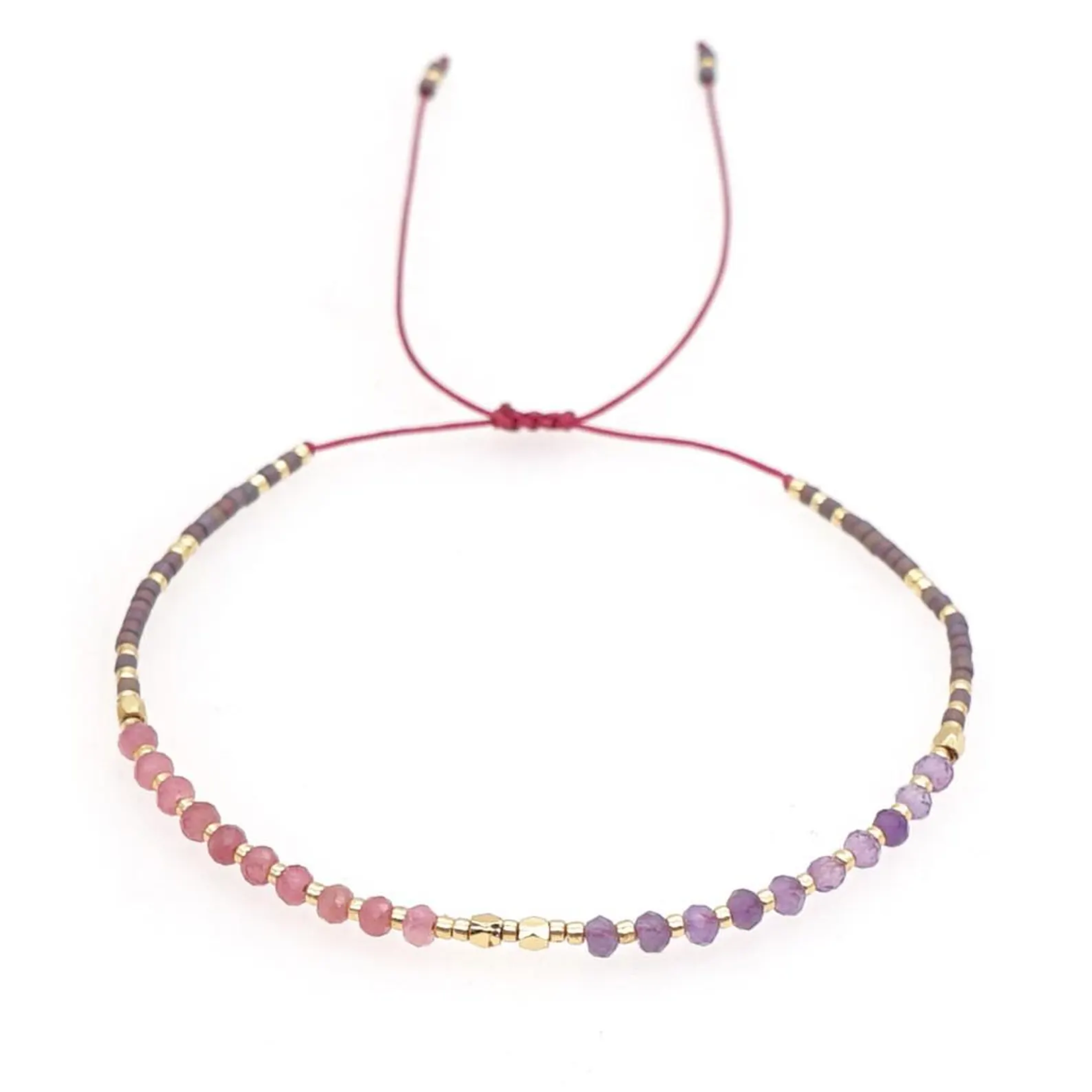 Mini Faceted Gemstone & Miyuki Bead Bracelet - Amethyst & Strawberry Quartz