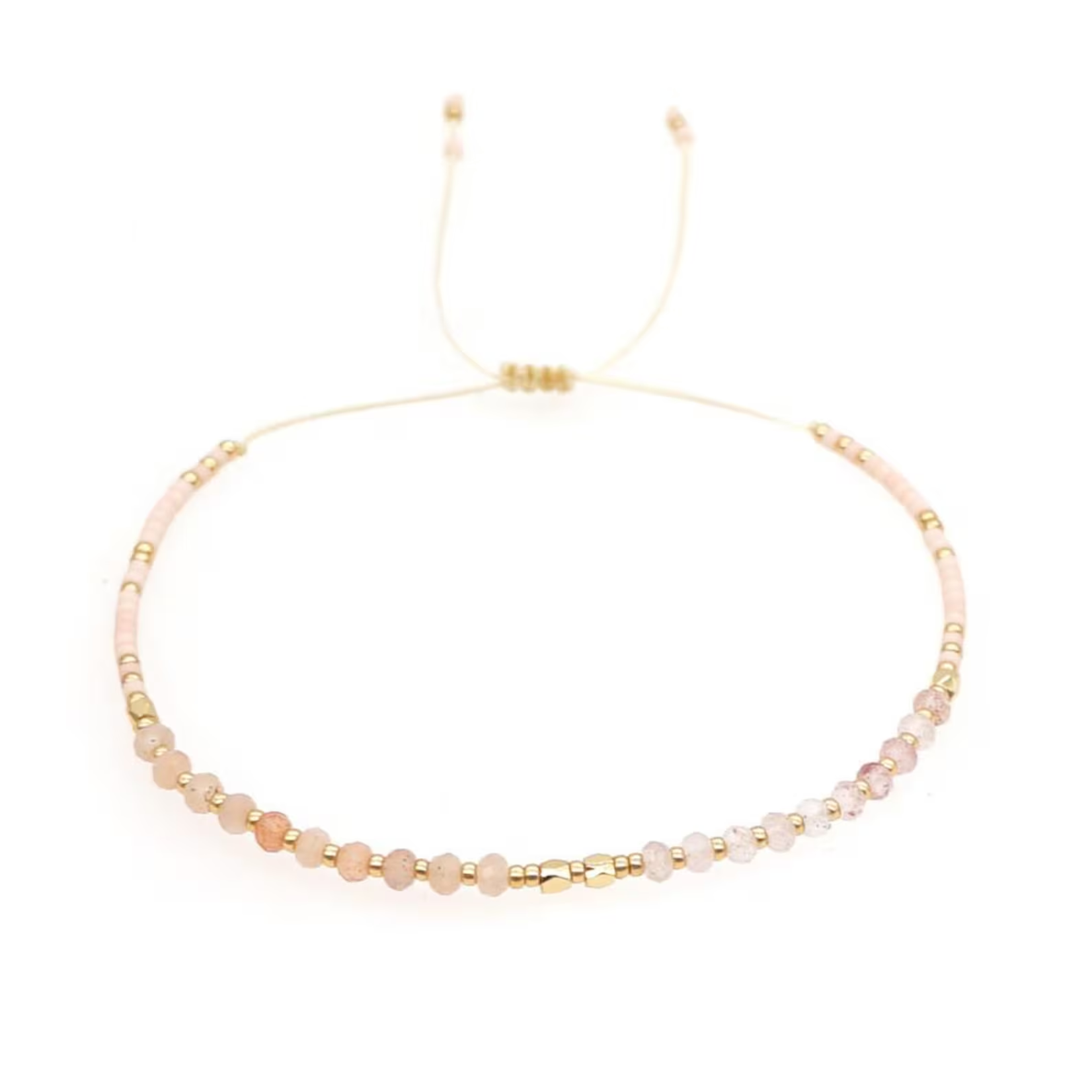 Mini Faceted Gemstone & Miyuki Bead Bracelet - Peach Moonstone & Rose Quartz