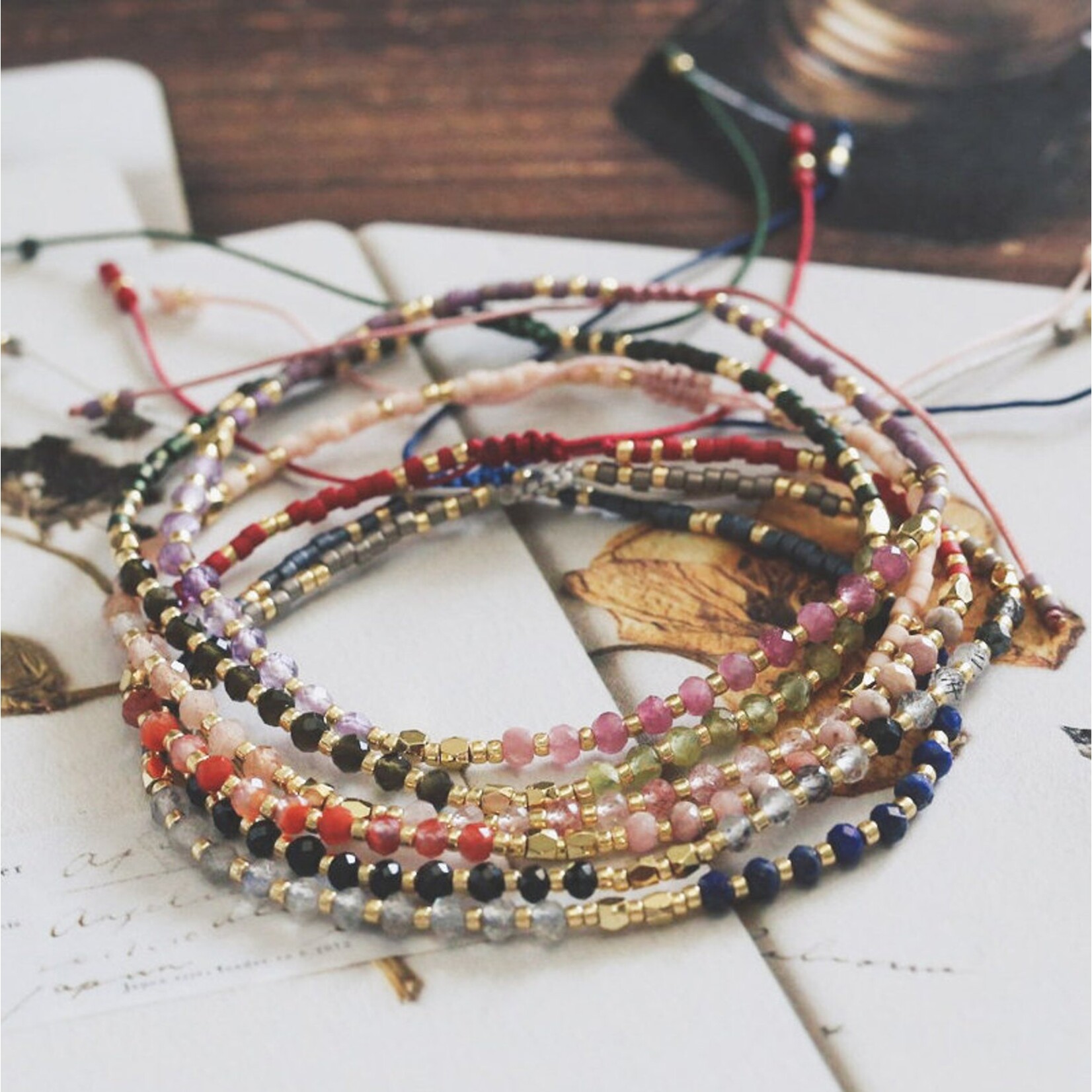 Mini Faceted Gemstone & Miyuki Bead Bracelet - Peach Moonstone & Rose Quartz