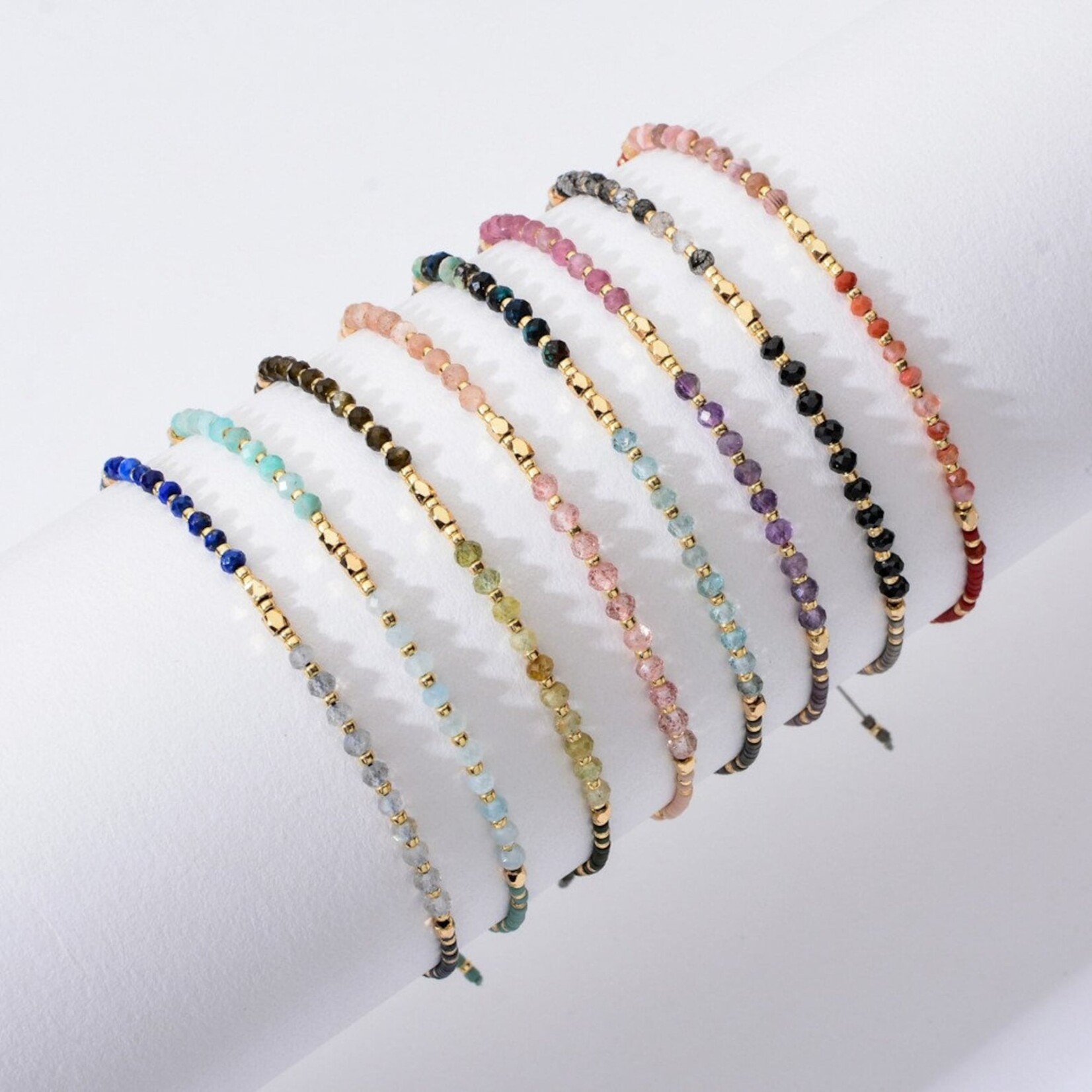 Mini Faceted Gemstone & Miyuki Bead Bracelet - Peach Moonstone & Rose Quartz