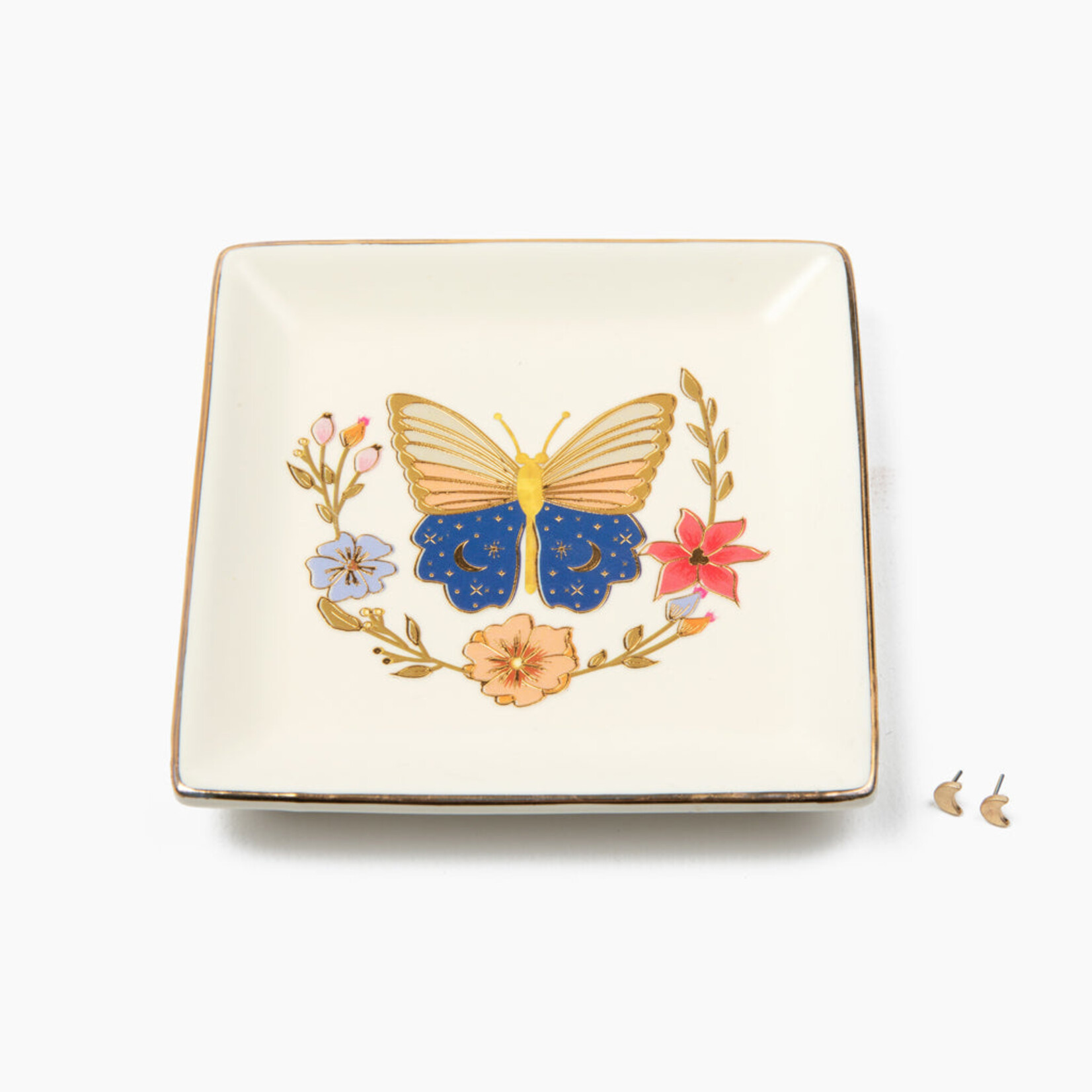 Butterfly Jewelry Dish & Gold Moon Earring Set