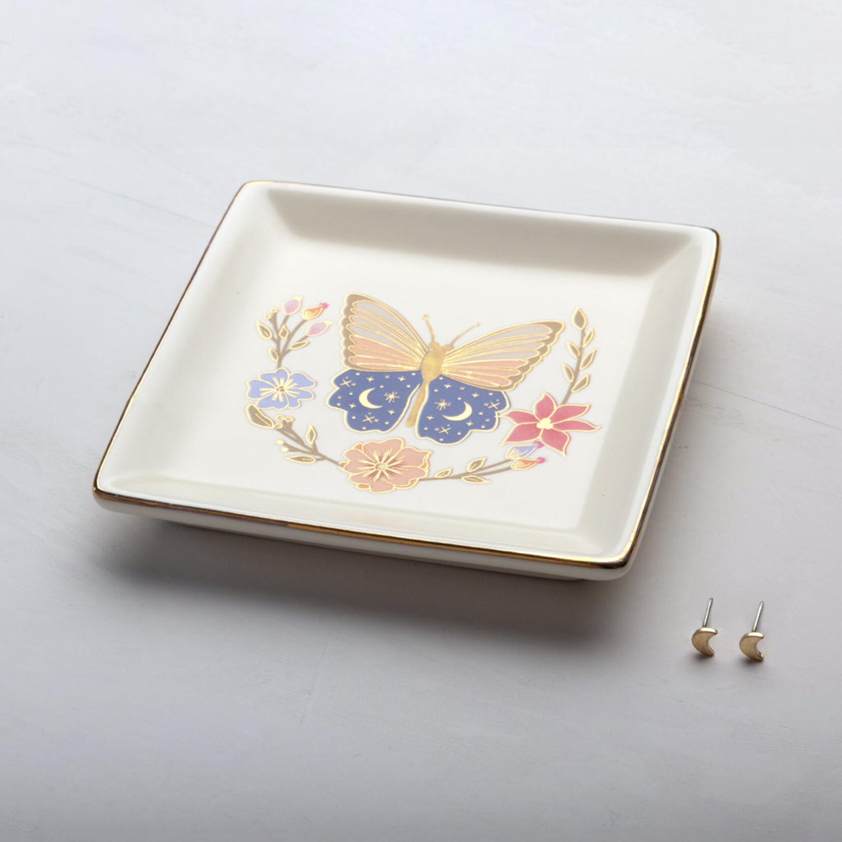 Butterfly Jewelry Dish & Gold Moon Earring Set