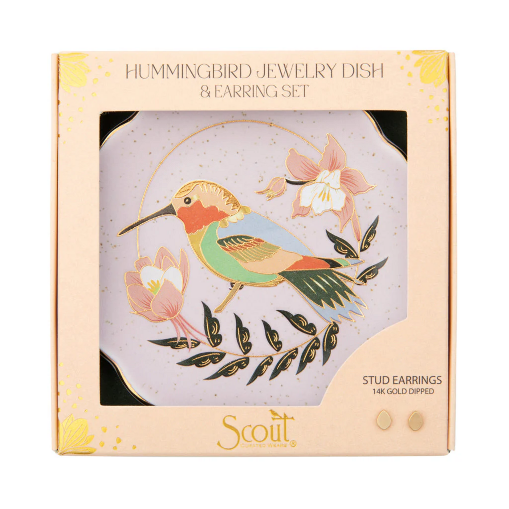 Hummingbird Jewelry Dish & Gold Oval Earring Set