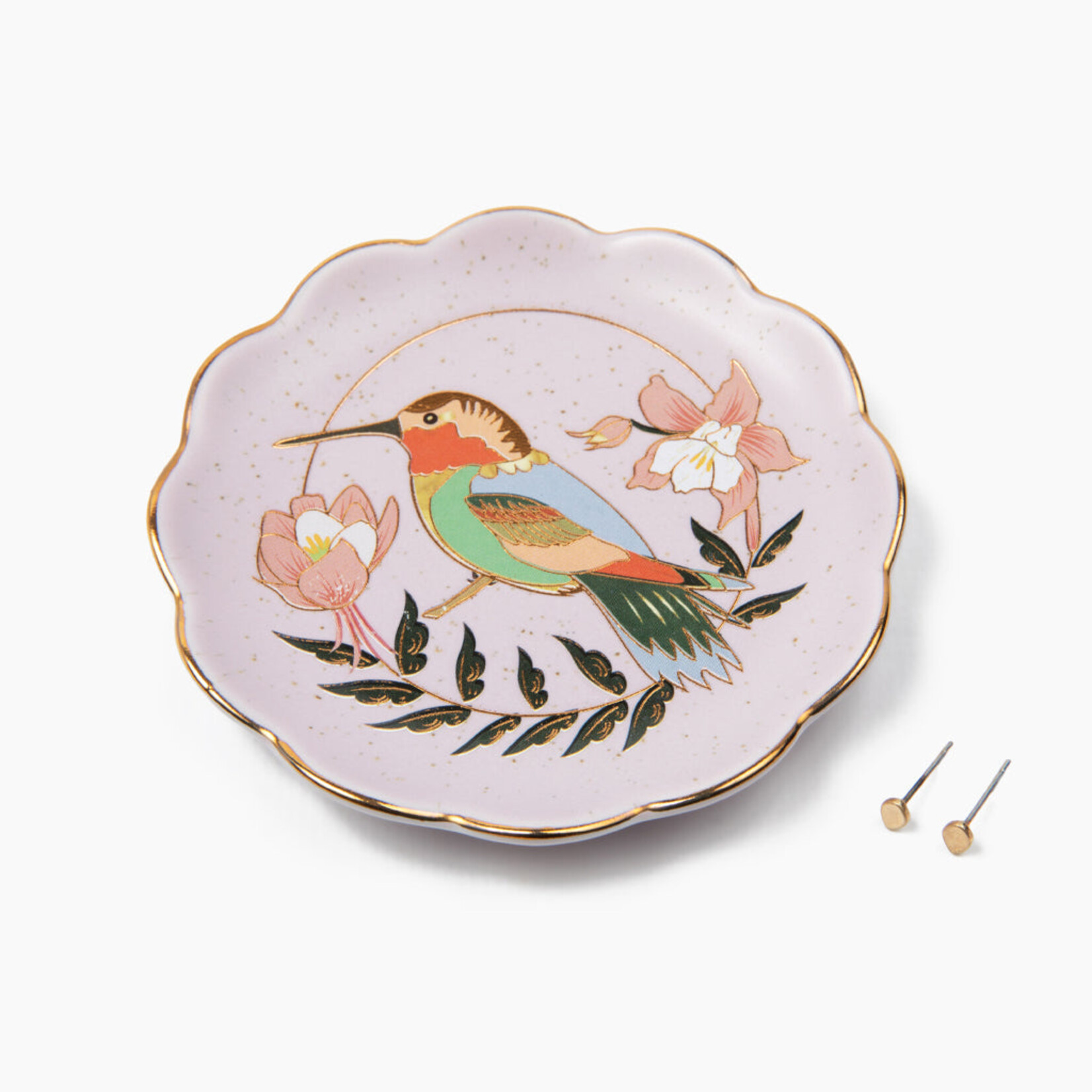 Hummingbird Jewelry Dish & Gold Oval Earring Set