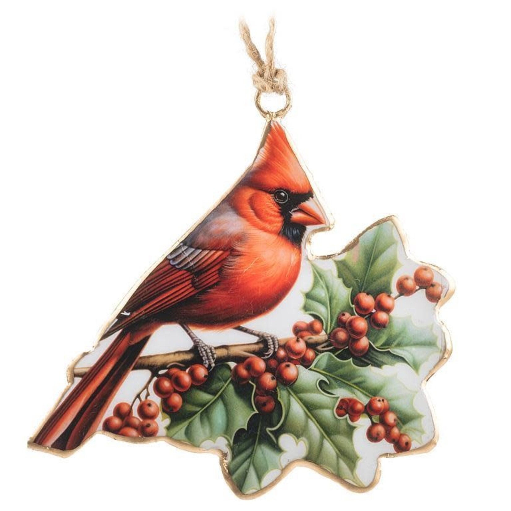 Retro Metal Cardinal & Holly Ornament