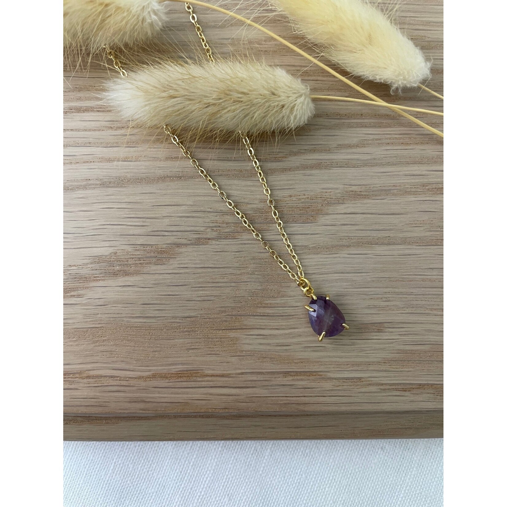 Gold Amethyst Teardrop Stone Necklace
