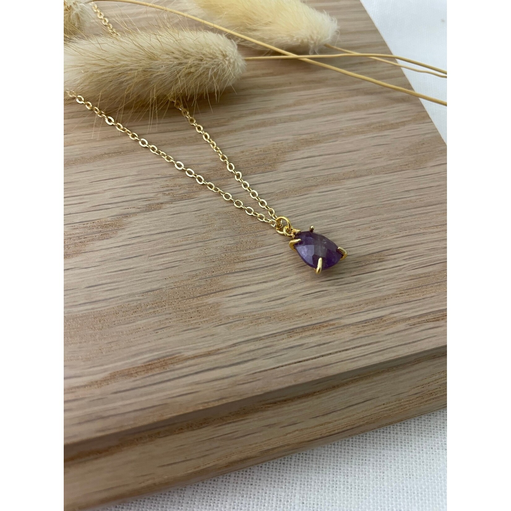 Gold Amethyst Teardrop Stone Necklace