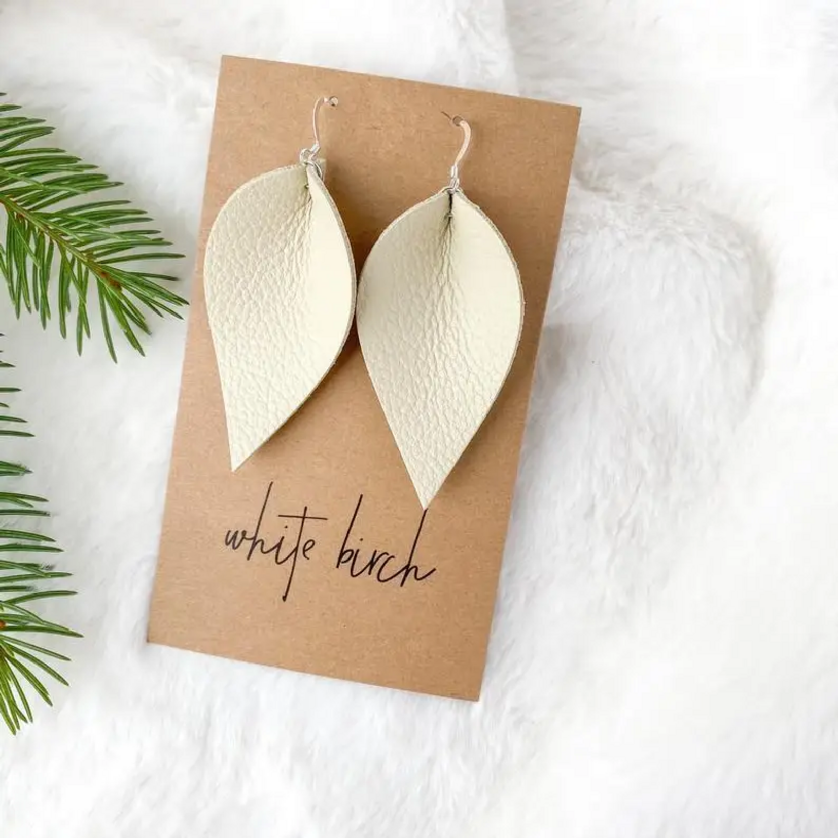 Sterling Silver Cream Leather Leaf Earrings