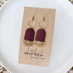 Gold Earrings w Burgundy Leather & Brass Sunburst