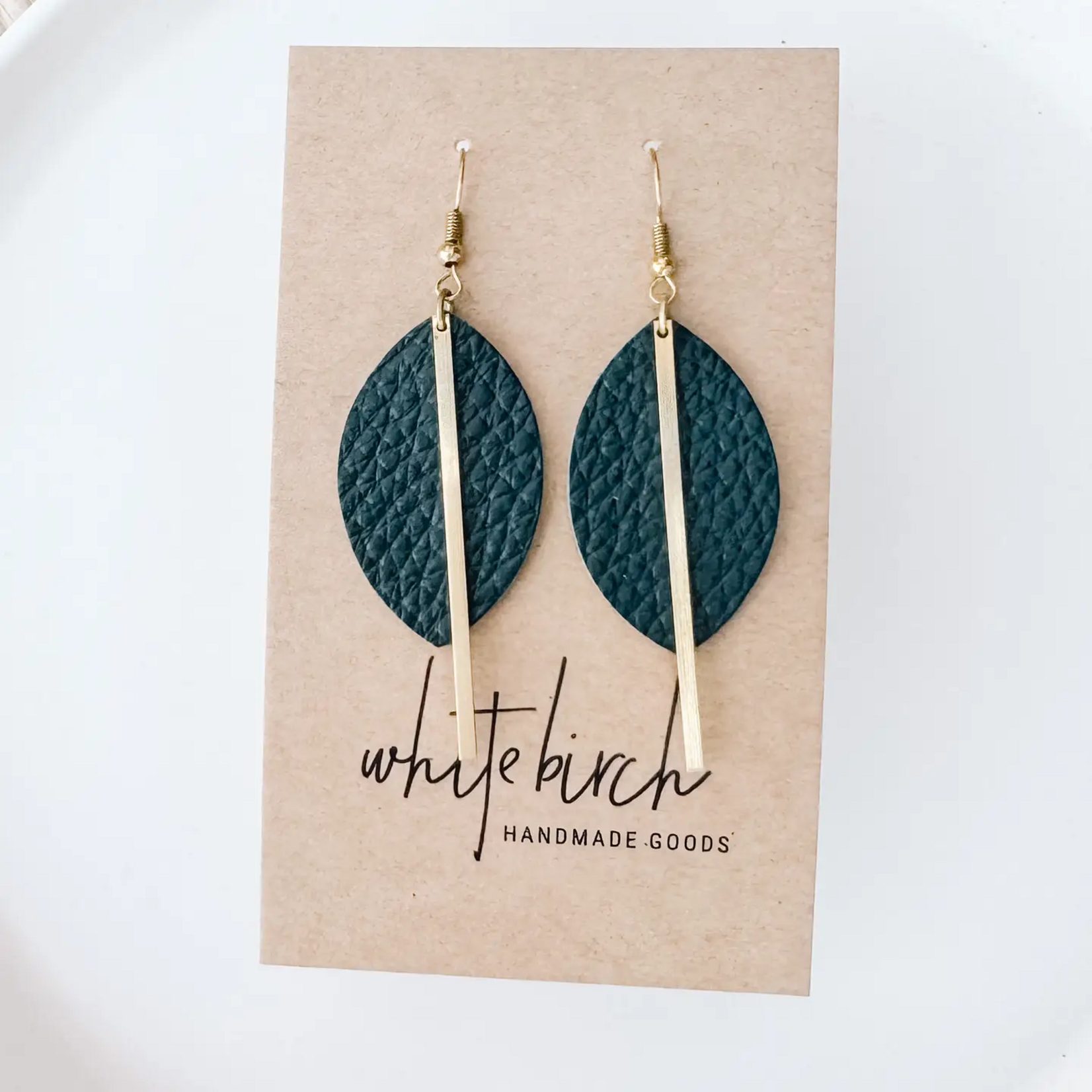 Gold Earrings w Dark Green Petal & Brass Bar