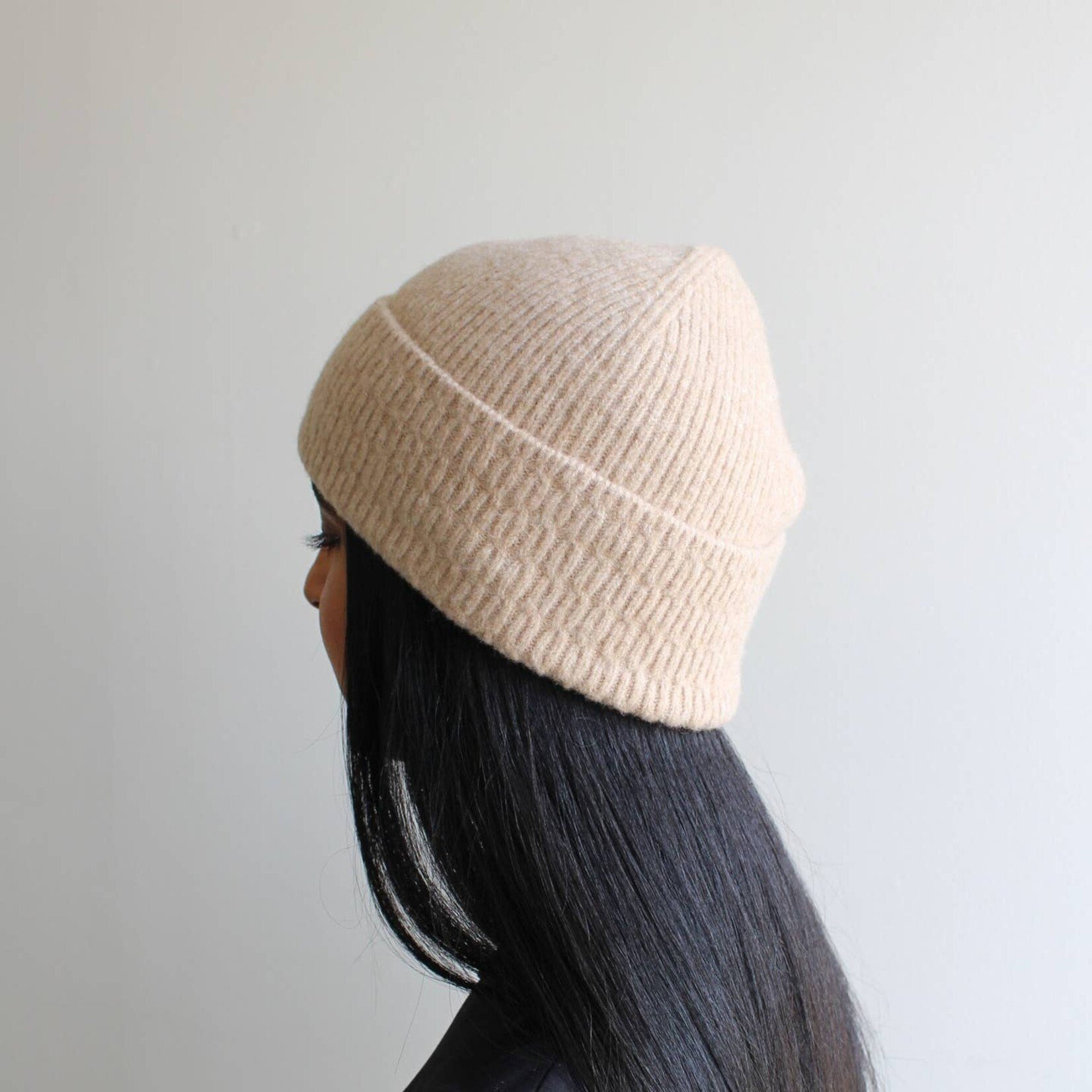 Wool Blend Fine Cable Knit Hat - Beige
