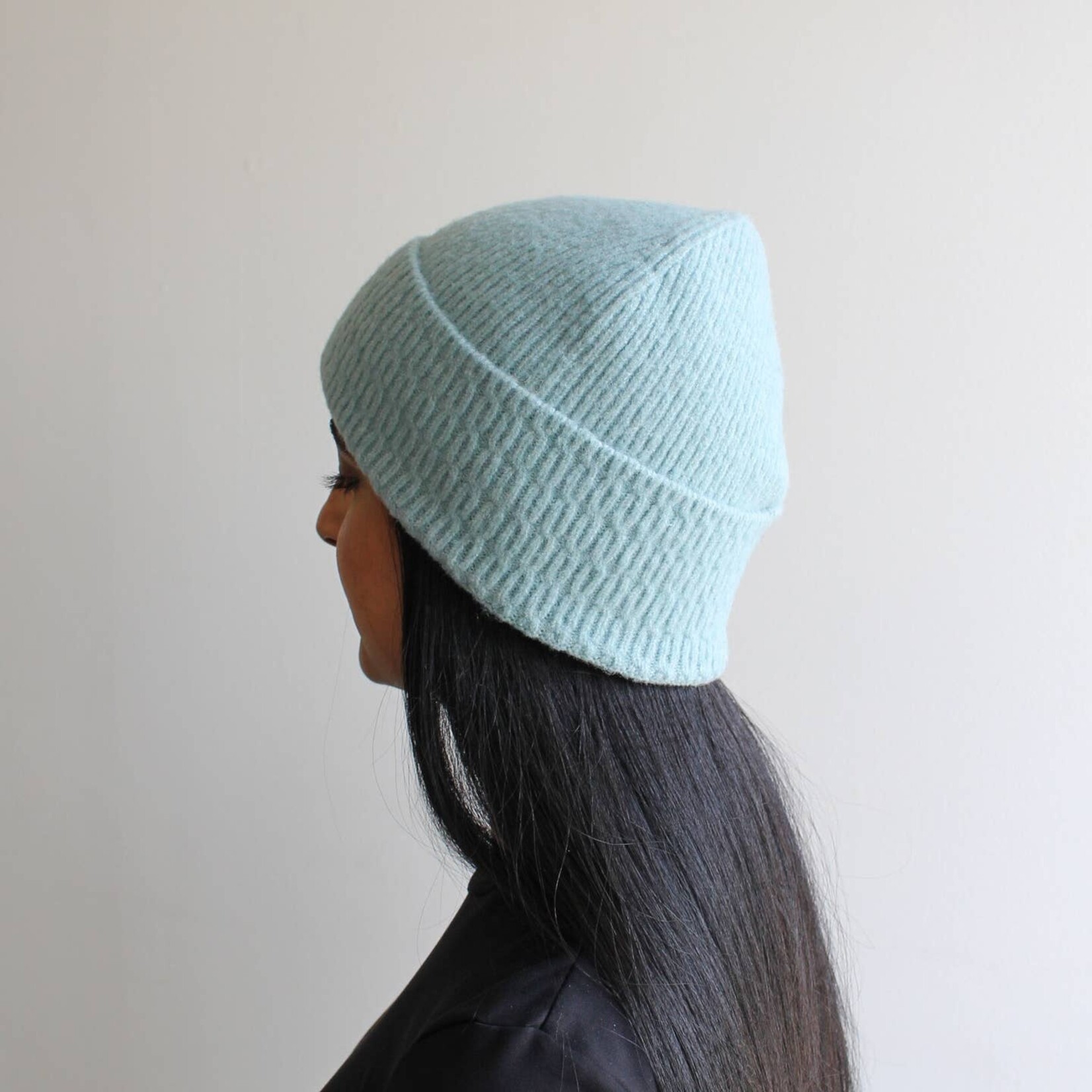 Wool Blend Fine Cable Knit Hat - Blue
