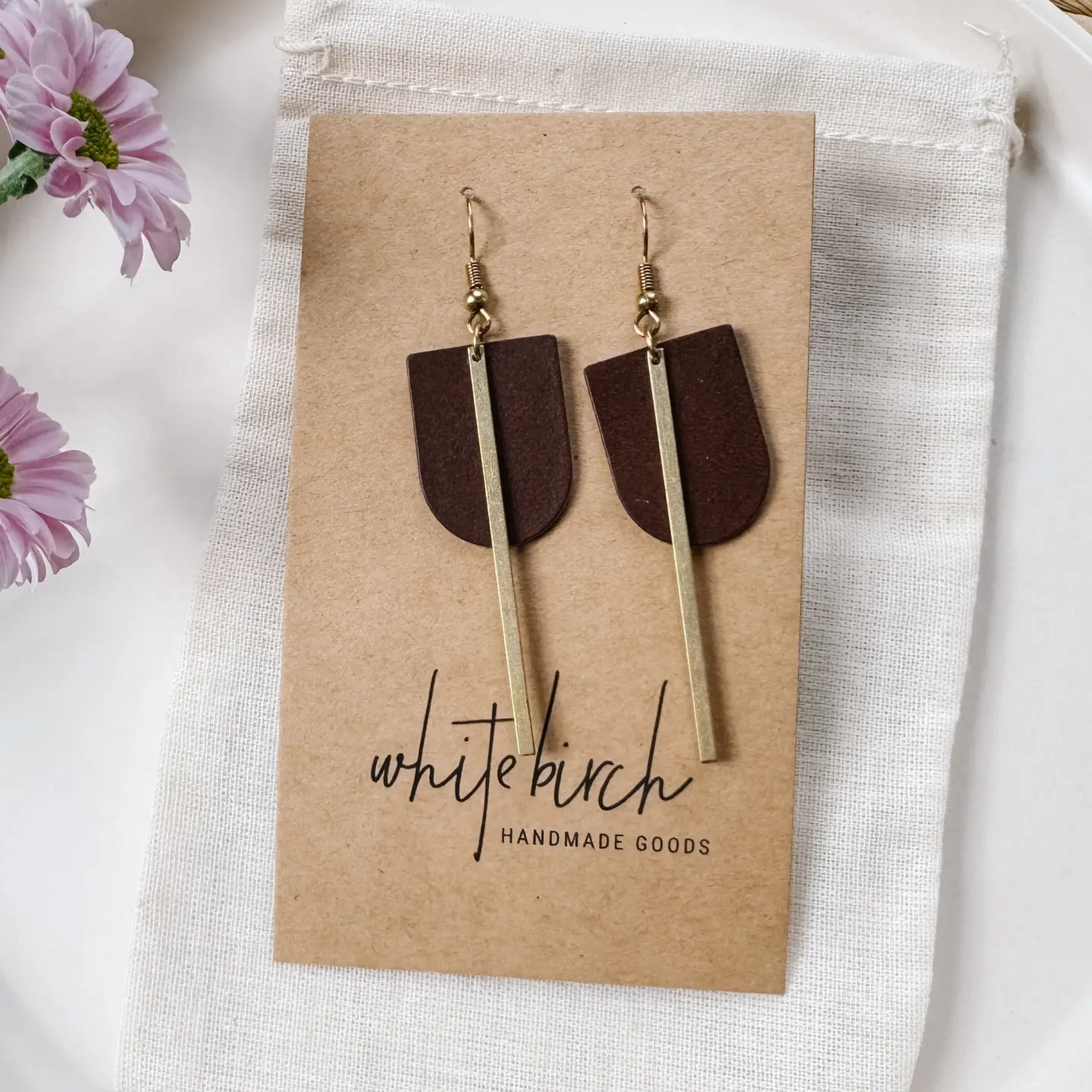 Gold Earrings w Walnut Leather & Brass Bar