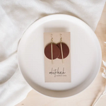 Gold Earrings w Brown Leather Disc & Brass Bar