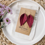 Sterling Silver Braided Raspberry Leather Leaf Earrings