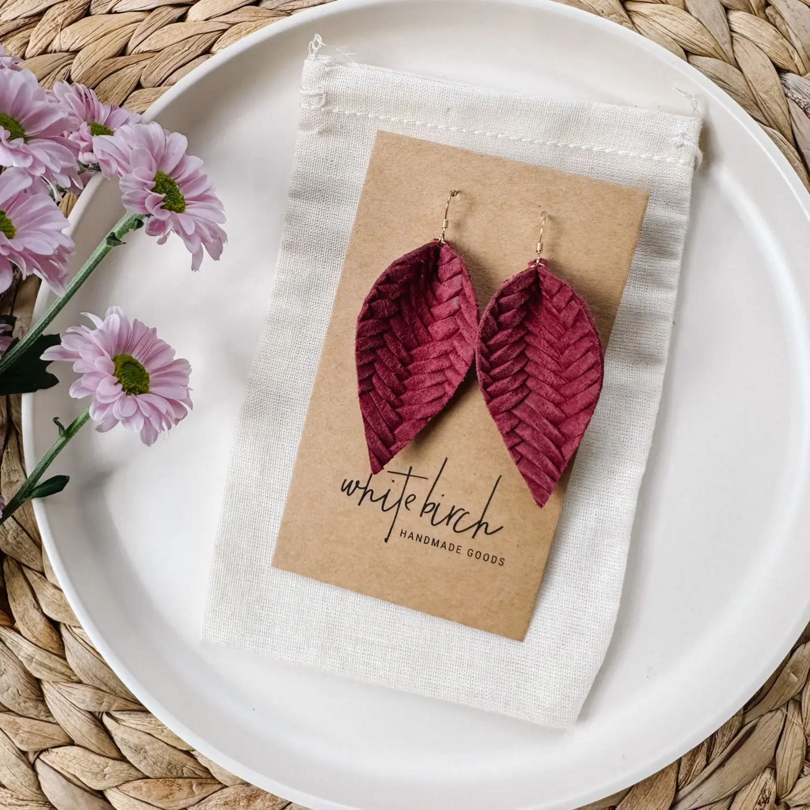 Sterling Silver Braided Raspberry Leather Leaf Earrings