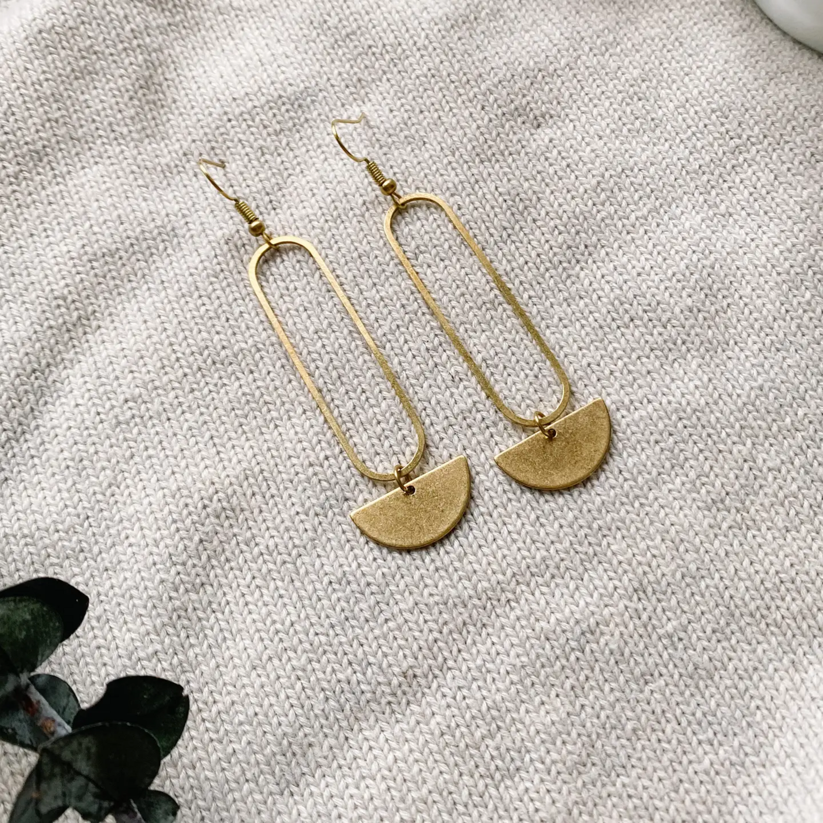 Gold Earrings w Large Oval Hoops & Half Moon
