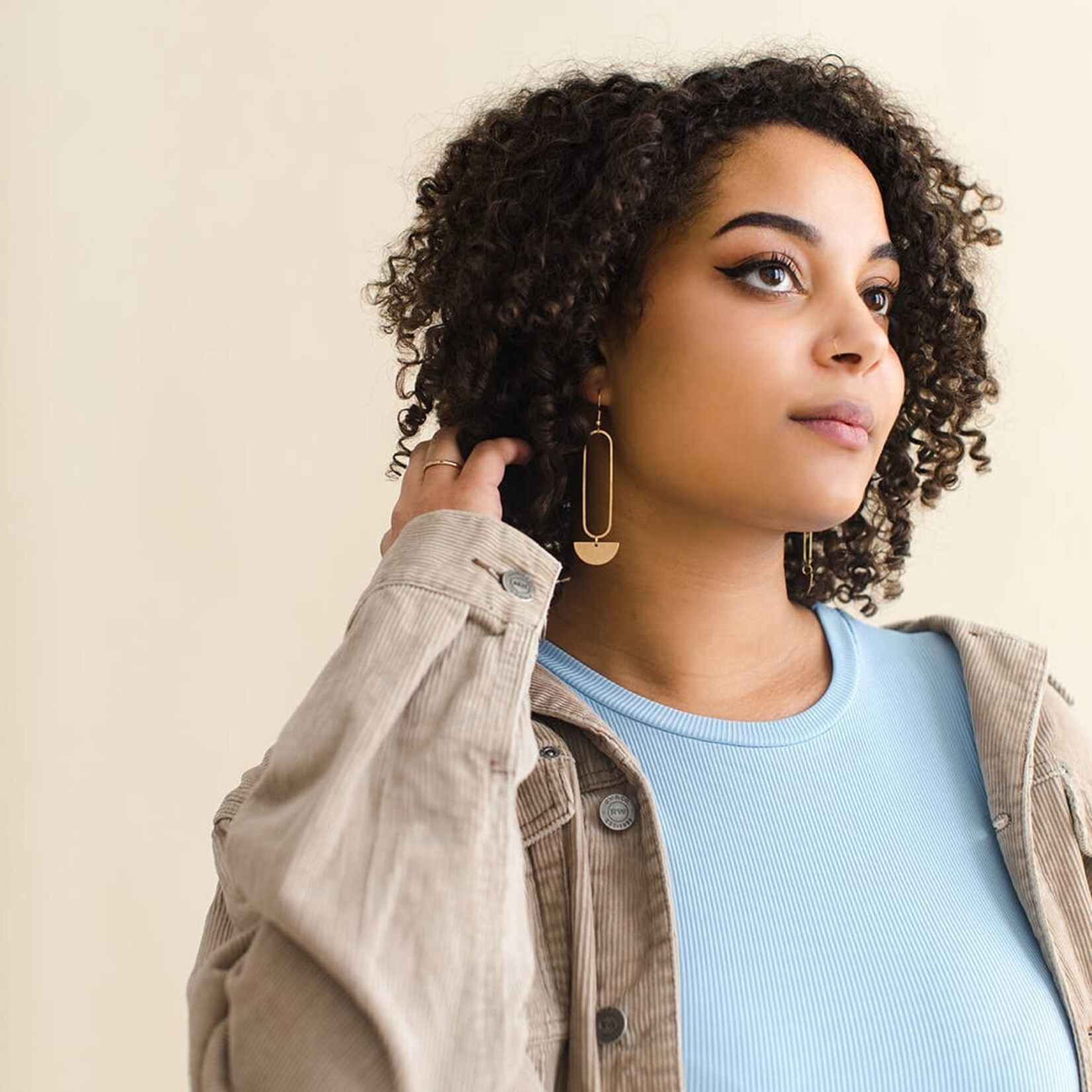 Gold Earrings w Large Oval Hoops & Half Moon