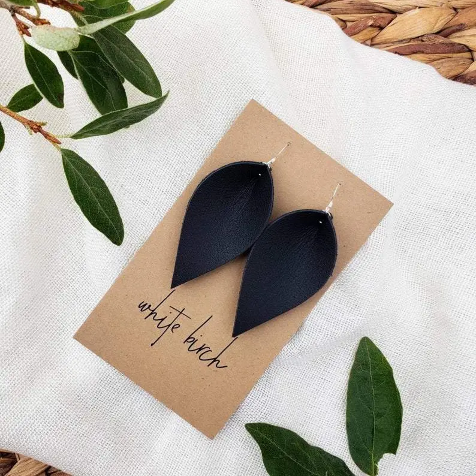 Sterling Silver Black Leather Leaf Earrings