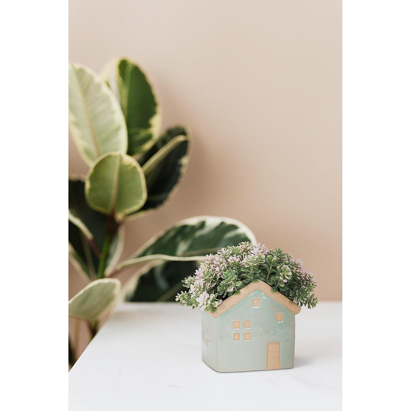 Small Aqua Stoneware House Planter