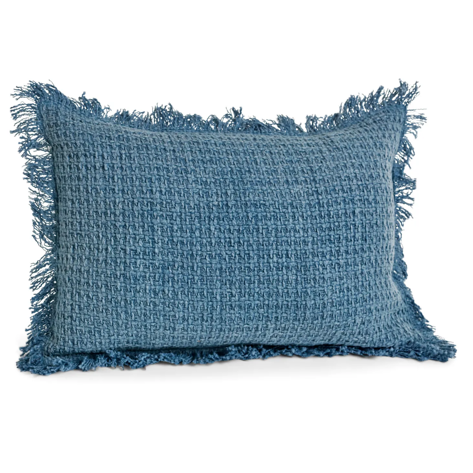 Handwoven Blue Cotton Cushion w Fringe 14x20